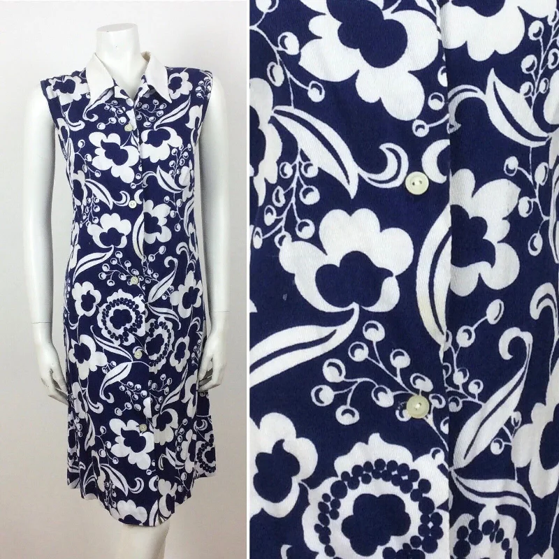 Great Deals 60S VINTAGE COTTON BLUE WHITE FLORAL PATTERN MINI DRESS 14 16