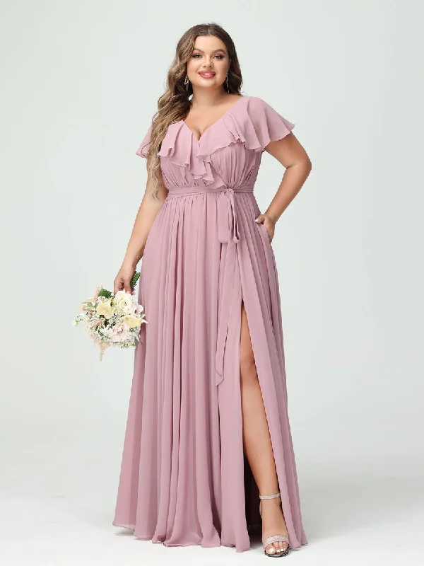 Unbeatable Prices A-Line/Princess V-Neck Short Sleeves Chiffon Ruffles Plus Size Bridesmaid Dresses With Pockets