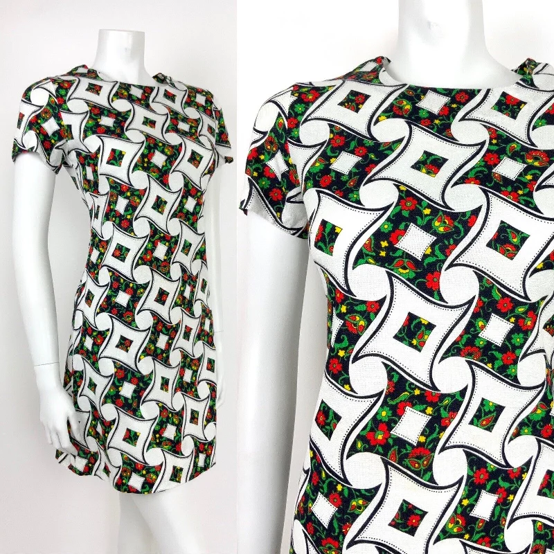 Overstock VTG 60s 70s WHITE RED GREEN BLUE ABSTRACT FLORAL SUMMER SHIFT DRESS 8 10