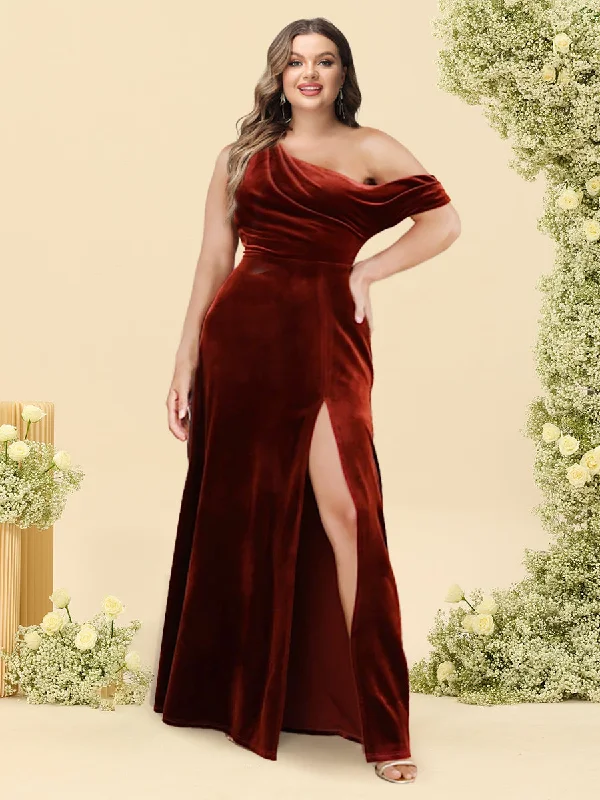 Overstock A-Line/Princess One-Shoulder Floor-Length Plus Size Bridesmaid Dresses With Split Side