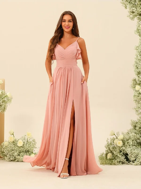 Stock Clearance A-Line/Princess Spaghetti Straps Floor-Length Ruched Long Bridesmaid Dresses with Split Side Stock Clearance A-Line/Princess Spaghetti Straps Floor-Length Ruched Long Bridesmaid Dresses with Split Side