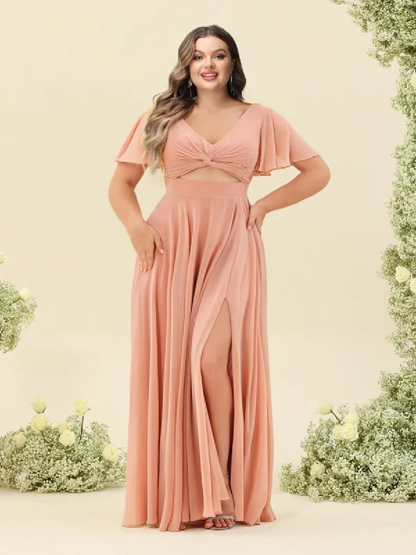 Final Markdown A-Line/Princess Ruffles V-Neck Short Sleeves Plus Size Bridesmaid Dresses With Bowknot