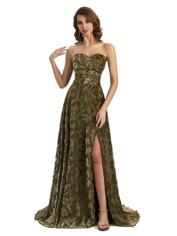 Take Advantage Sexy Side Slit Strapless Floral Velvet Sweetheart Long Bridesmaid Dresses Online