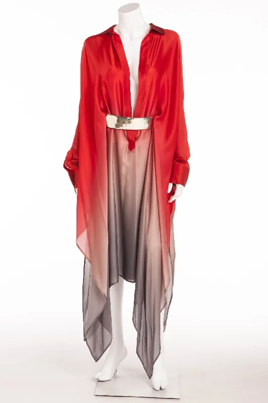 Blowout Sale Original Alexander McQueen - 2PC New Red and Gray Ombre Long Sleeve Dress with Belt - IT 42