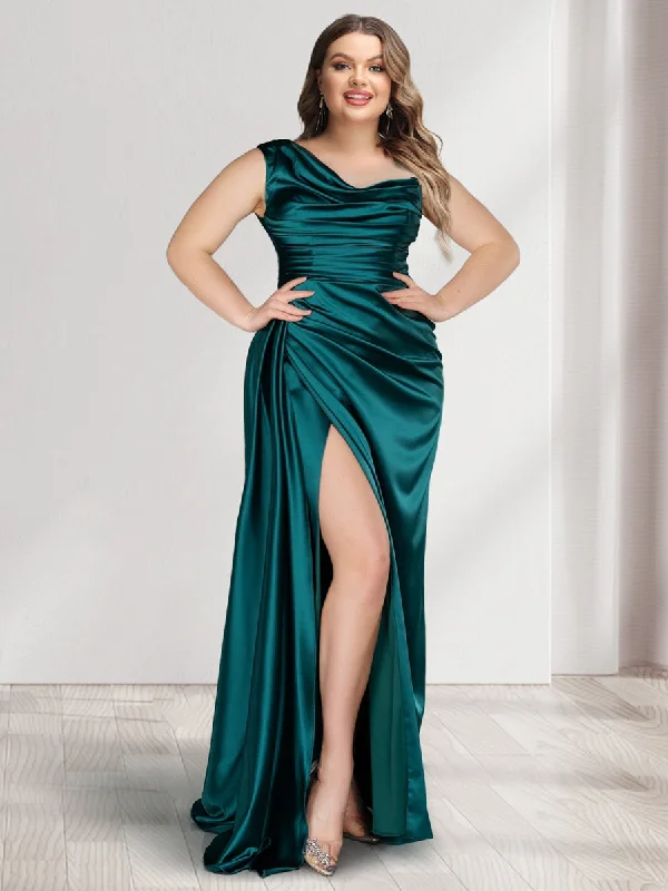 Last Chance Sheath/Column One-Shoulder Sleeveless Ruched Plus Size Bridesmaid Dresses with Split Side