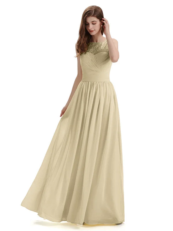 Exclusive Savings A-Line Round Neck Lace Pleats Floor Length Bridesmaid Dresses