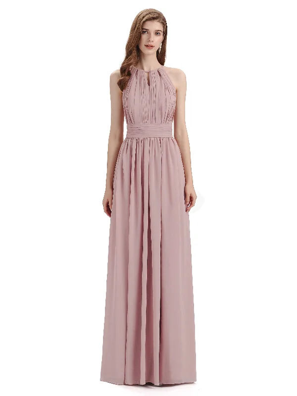 Blowout Deals A-Line Halter Chiffon Pleats Floor Length Bridesmaid Dresses
