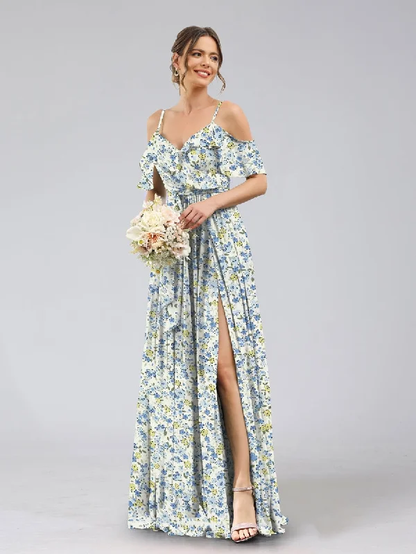 YEAR-End Clearance A-Line/Princess Cold Shoulder Short Sleeves Belt Floral Bridesmaid Dresses