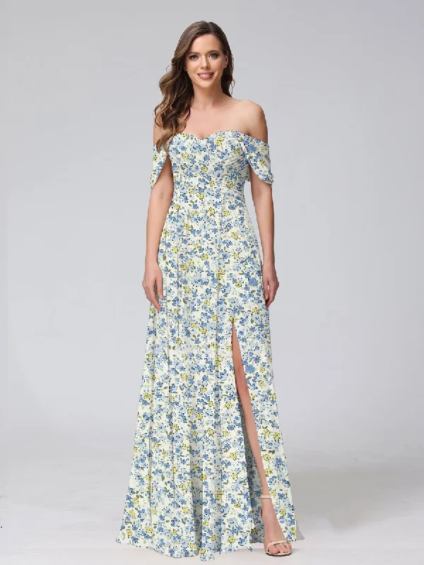 Value Deals A-Line/Princess Off-the-Shoulder Short Sleeves Split Side Floral Bridesmaid Dresses