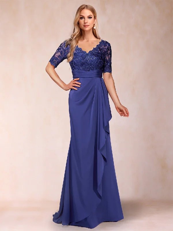 Today’s Deal Sheath/Column V-Neck Short Sleeves Mother of the Bride Dresses with Appliques & Ruffles