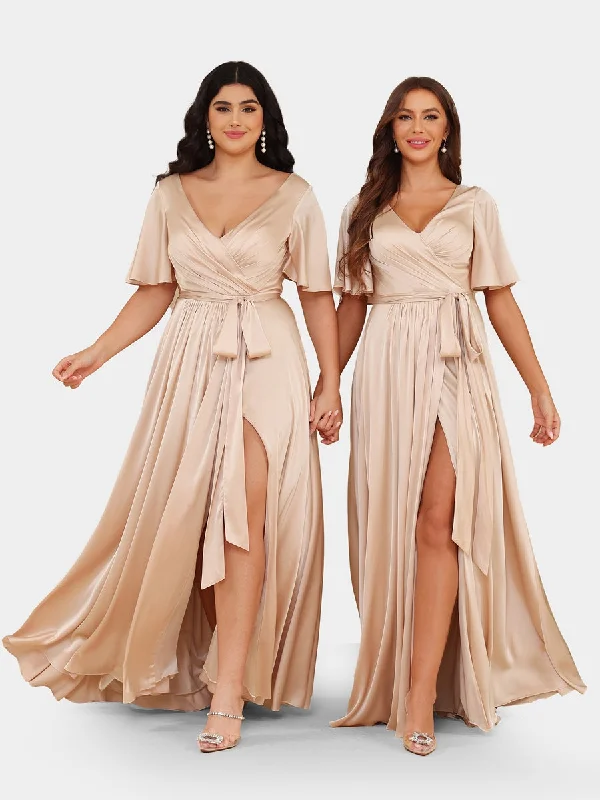 Now or Never A-Line/Princess V-Neck Short Sleeves Evening Dresses with Belt