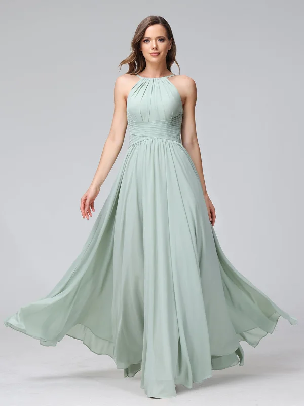 Special Savings A-Line Halter Sleeveless Ruched Floor-Length Chiffon Bridesmaid Dresses