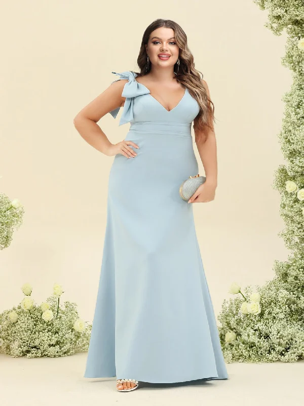 Incredible Offers Sheath/Column V-Neck Sleeveless Floor-Length Long Plus Size Bridesmaid Dresses with Bowknot
