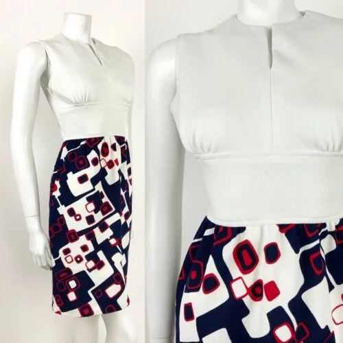 TIME-Limited Offer VINTAGE 60s 70s WHITE BLUE RED GEOMETRIC SQUARE MOD SLEEVELESS DRESS 8 10
