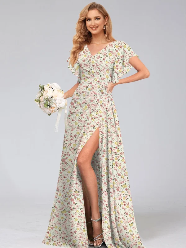 Price Buster A-Line/Princess V-Neck Short Sleeves Watteau Train Floral Bridesmaid Dresses