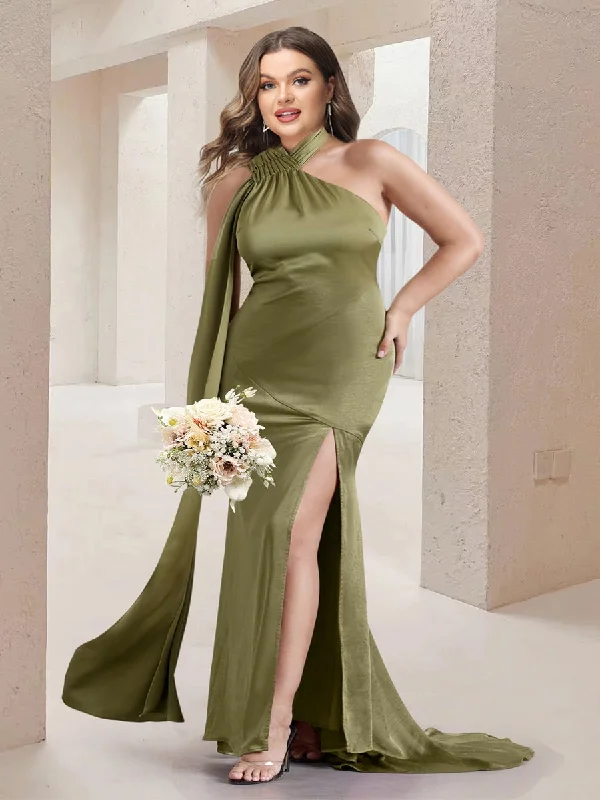 Exclusive Deal Sheath/Column Asymmetrical High Neck Ruched Long Plus Size Bridesmaid Dresses with Sash