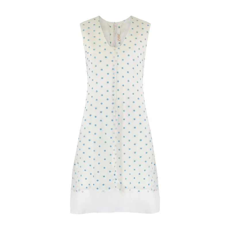 Weekend Deal 1960s Bonwit Teller Organza Cream and Blue Polka Dot Dress