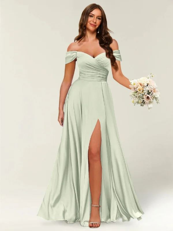 Huge Discounts Floor-Length Off-the-Shoulder Long Formal Dresses with Split Side & Ruched