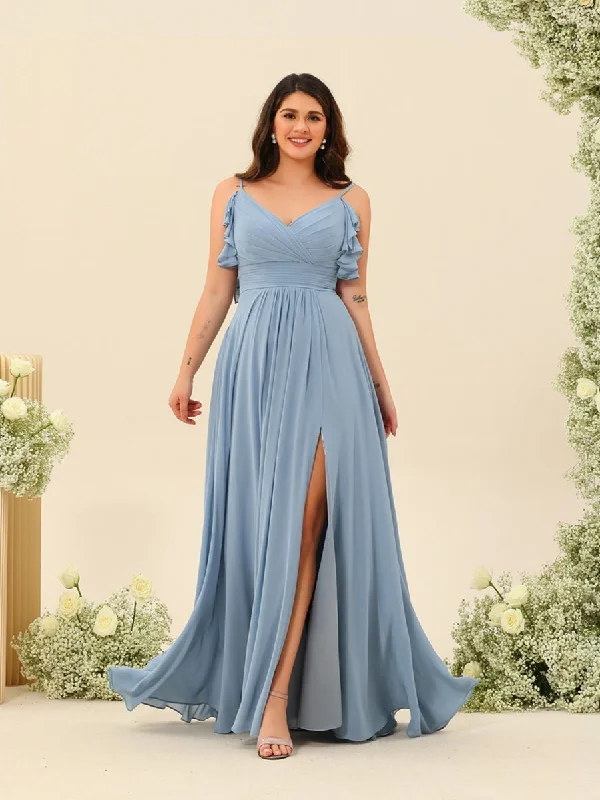 Price Cut A-Line/Princess Spaghetti Straps Plus Size Ruched Long Bridesmaid Dresses with Split Side Price Cut A-Line/Princess Spaghetti Straps Plus Size Ruched Long Bridesmaid Dresses with Split Side