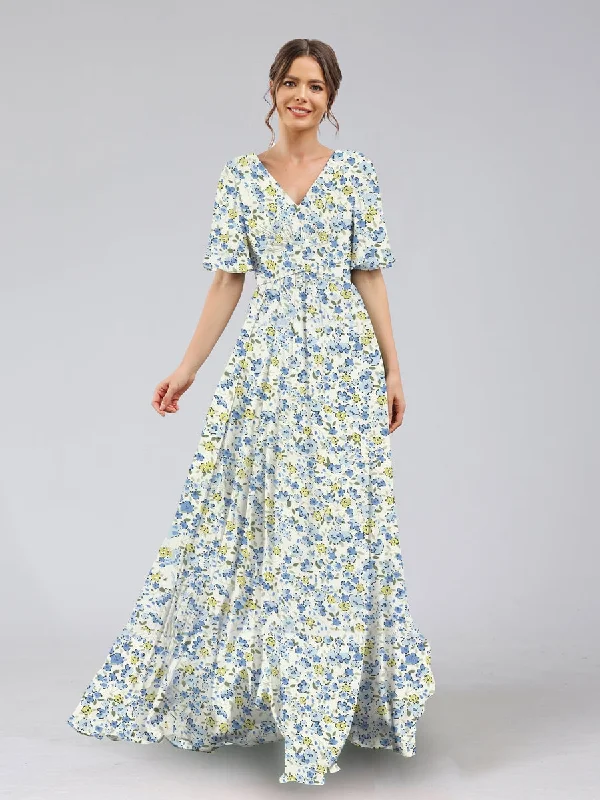 Epic Deals A-Line/Princess V-Neck Half Sleeves Ruched Floral Bridesmaid Dresses