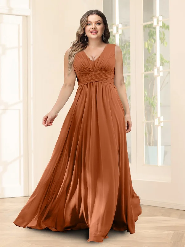 Sale Event A-Line V-Neck Sleeveless Chiffon Plus Size Bridesmaid Dresses With Pockets