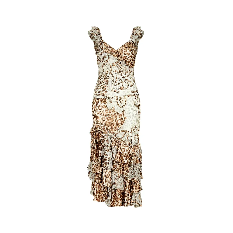 Factory Direct Sale Y2K Expensive! Leopard Print Ruffled Bias Cut Dress