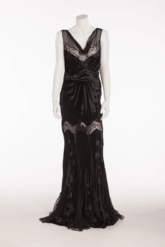 Savings Bonanza John Galliano - Black Velvet Long Gown with Lace & Embellishments - FR 40 Savings Bonanza John Galliano - Black Velvet Long Gown with Lace & Embellishments - FR 40