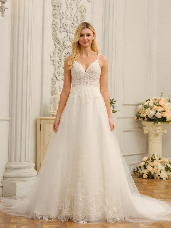 Blowout Sale Spaghetti Straps V-Neck Sleeveless Long Wedding Dresses with Appliques & Beading