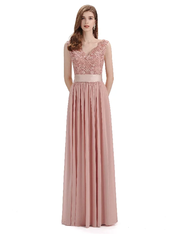Don’t Miss Out Elegant A-Line V-Neck Lace Chiffon Long Bridesmaid Dresses