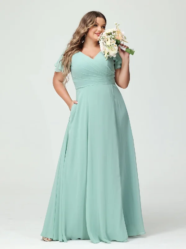 Super Bargain A-Line/Princess V-Neck Short Sleeves Chiffon Split Side Plus Size Bridesmaid Dresses with Pockets