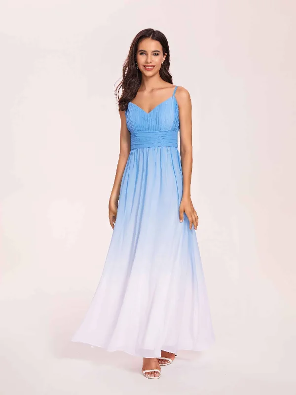 Price Blitz Elegant V Neck Spaghetti Straps A-line Chiffon Long Ombre Bridesmaid Dresses Online