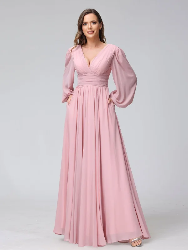 Huge Discounts A-Line V-Neck Long Sleeves Long Chiffon Bridesmaid Dresses With Split Side Pockets