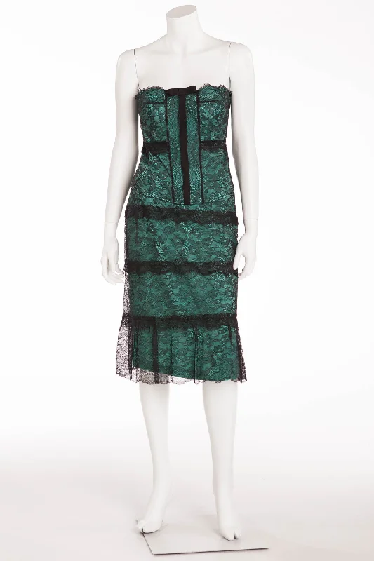 Hurry In La Perla - 2PC Teal with Black Lace Bustier & Skirt - IT 46