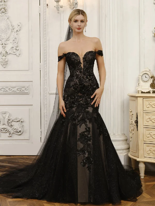 Special Discount Off-the-Shoulder Tulle Mermaid Wedding Dresses with Appliques & Beading