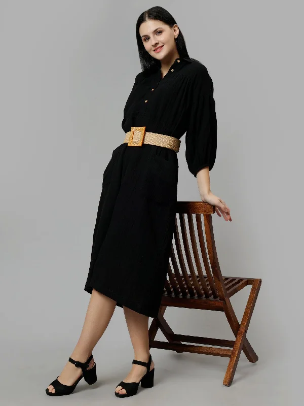 Online Only Women's Black Cotton Solid A-Line Midi Dress - Casual Three-Quarter Sleeves Button Closure