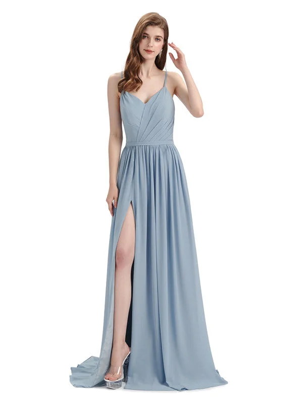Buy Now Spaghetti Straps A-line Chiffon Side Slit Long Bridesmaid Dresses