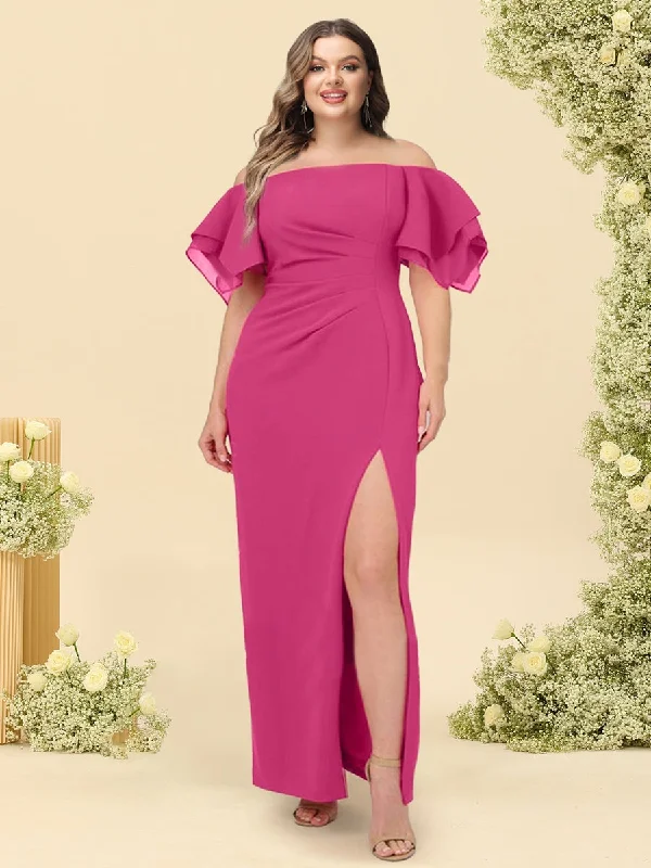 Special Buy Sheath/Column Off-the-Shoulder Short Sleeves Plus Size Bridesmaid Dresses with Split Side