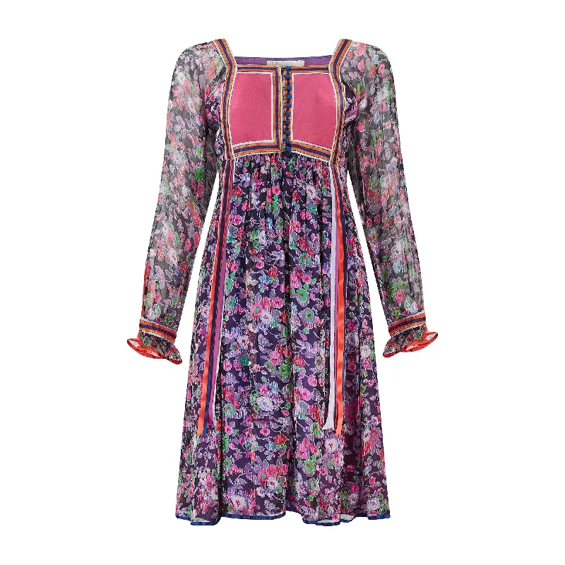Instant Discount 1970s Rumak Silk Floral and Ribbon Work Dress