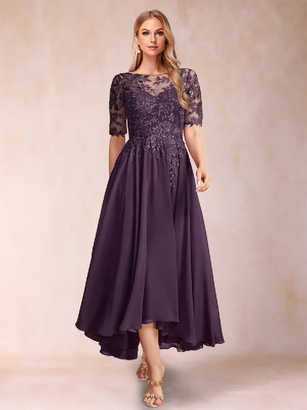 Price Break A-Line/Princess Scoop Half Sleeves Chiffon Mother of the Bride Dresses with Appliques