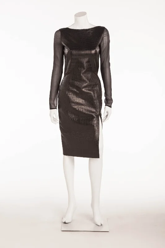Closeout Sale Emilio Pucci - Brand New with Tags Black Alligator Embossed Mini Dress Sheer Sleeves - IT 42