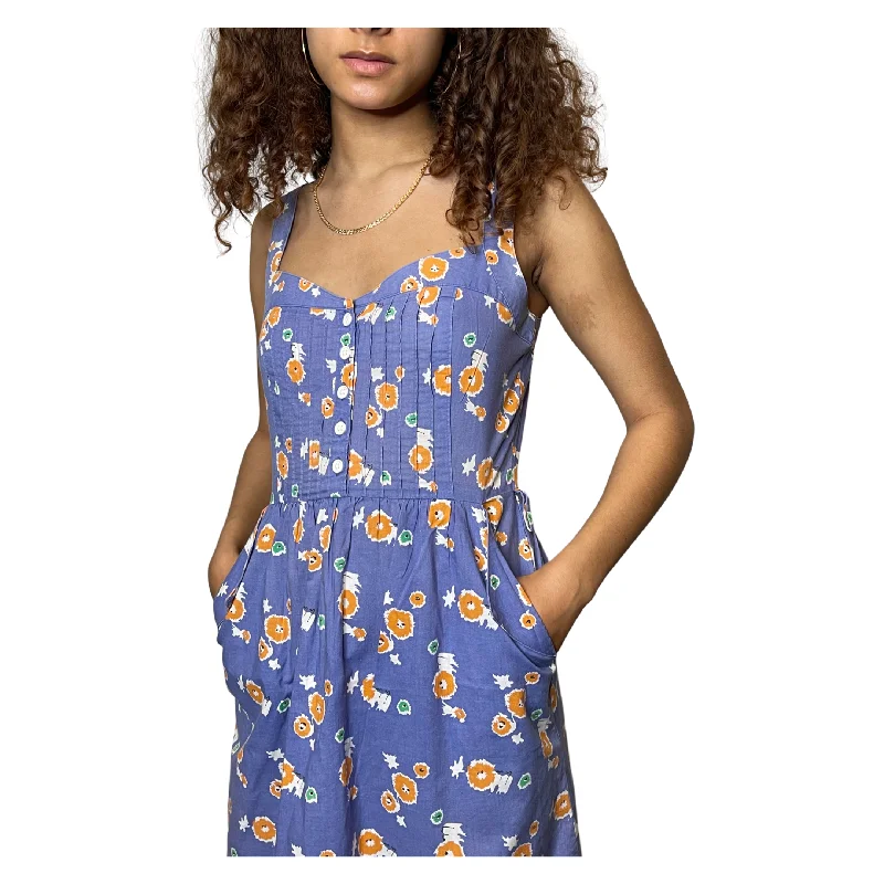 Bargain Prices 1970's Original Vintage Blue & Orange Floral Print Dress UK 8 - 10