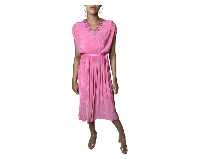 Early Access Original 1970's Vintage Bright Pink Lightly Pleated Dress UK 12 -14