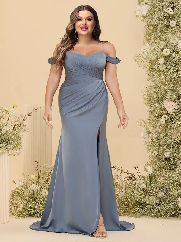 Bargain Bin Sheath/Column Off-the-Shoulder Long Formal Plus Size Dresses with Split Side