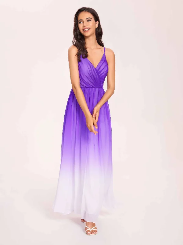 Exclusive Online Offer Spaghetti Straps Floral A-line Ombre Chiffon Long Bridesmaid Dresses Oline
