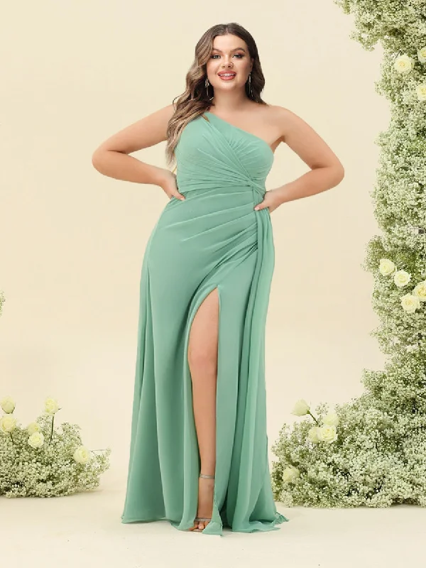 Amazing Deals Sheath/Column One-Shoulder Long Ruched Plus Size Bridesmaid Dresses with Ruffles & Split Side