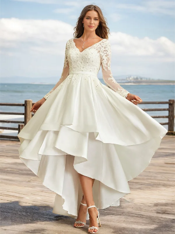 Low Prices A-Line/Princess V-Neck Long Sleeves Rhinestone Wedding Dresses