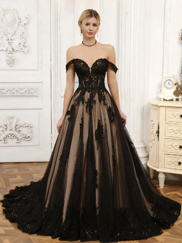 YEAR-End Clearance Off-the-Shoulder Tulle Ball Gown Wedding Dresses with Beading & Appliques