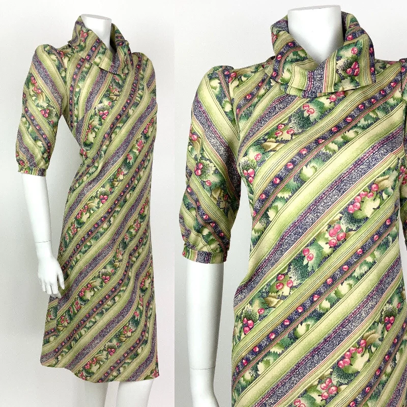 Reduced Prices VTG 60s 70s GREEN PINK BLUE STRIPED SQUIGGLE BERRY LEAFY COWL A-LINE DRESS 10 12