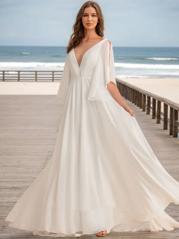 Deal Frenzy A-Line/Princess V-Neck Half Sleeves Ruched Wedding Dresses