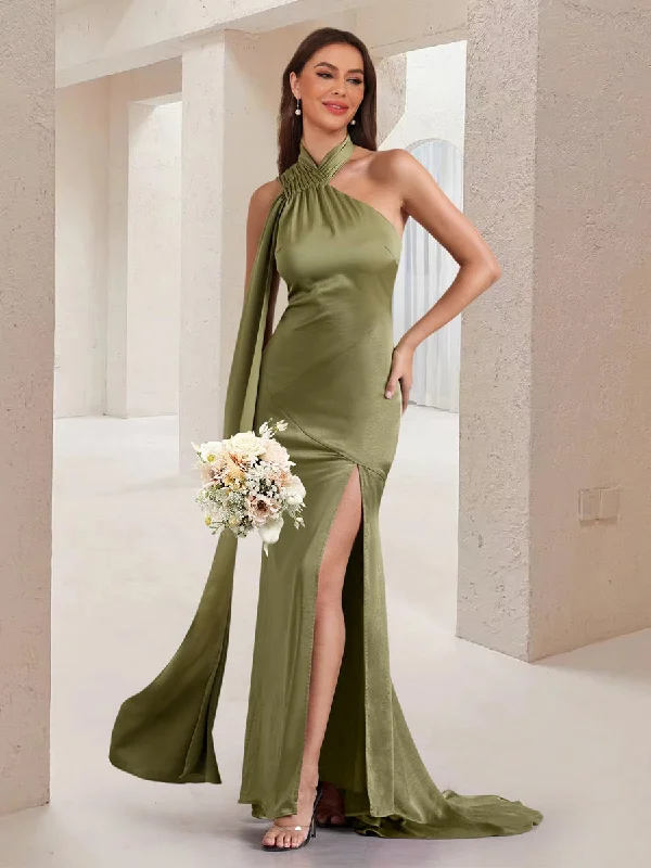 Season Finale Sale Sheath/Column Asymmetrical High Neck Ruched Long Bridesmaid Dresses with Sash